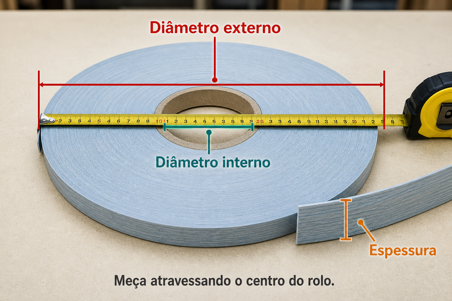 Rolo de edgebanding com guia realista de medicao